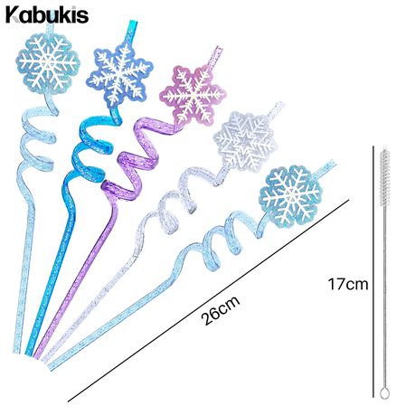 12 Frozen Snowflake Reusable Drinking Straws - Glitter Spiral Cocktail Set - Kabukis