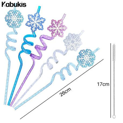 12 Frozen Snowflake Reusable Drinking Straws - Glitter Spiral Cocktail Set - Kabukis
