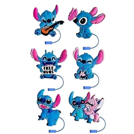 6 Pieces Stitch Reusable Silicone Straw Hats - Clip - On Tumbler Cover Tips Lids - Kabukis