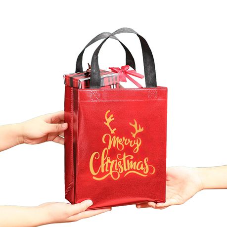 3pk Red Foil Merry Christmas Gift Bags - Reusable Festive Tote Bag Set! - Kabukis
