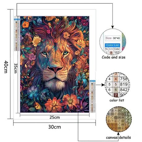 5D Full Drill Boho Lion & Floral Diamond Dot Painting Kit - 30x40cm - Kabukis