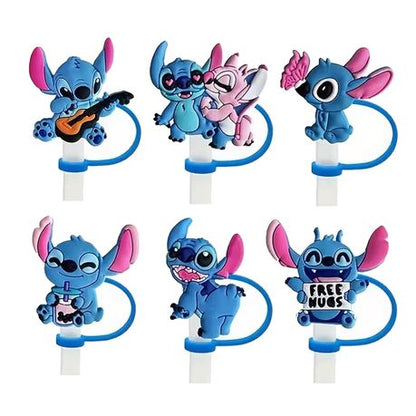 6 Pieces Stitch Reusable Silicone Straw Hats - Clip - On Tumbler Cover Tips Lids - Kabukis
