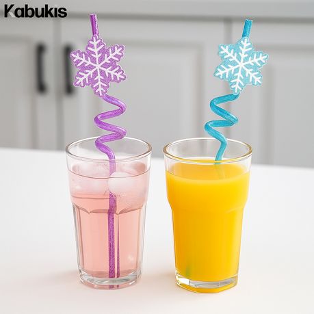 12 Frozen Snowflake Reusable Drinking Straws - Glitter Spiral Cocktail Set - Kabukis