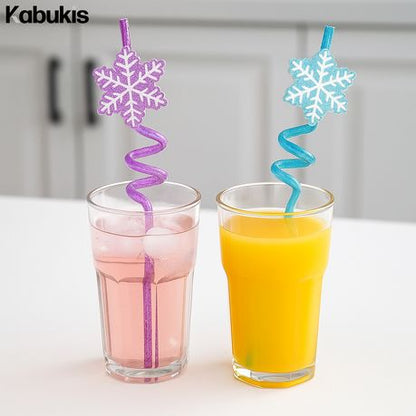 12 Frozen Snowflake Reusable Drinking Straws - Glitter Spiral Cocktail Set - Kabukis