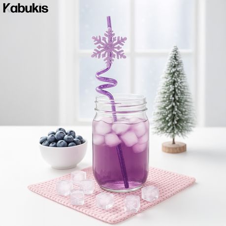 12 Frozen Snowflake Reusable Drinking Straws - Glitter Spiral Cocktail Set - Kabukis